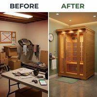 Dynamic Infrared Saunas 4 - Person Indoor Bluetooth Compatible FAR Infrared Sauna in Cedar — Before & After