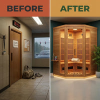 Indoor Infrared Sauna Designed for Wellness Recovery, 4 Person Cedar, Bluetooth Audio, Near Zero EMF — Before & After