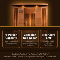 Indoor Infrared Sauna Designed for Wellness Recovery, 4 Person Cedar, Bluetooth Audio, Near Zero EMF — Results & Stats