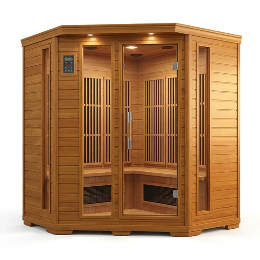 Indoor Infrared Sauna Designed for Wellness Recovery, 4 Person Cedar, Bluetooth Audio, Near Zero EMF — Studio Shot